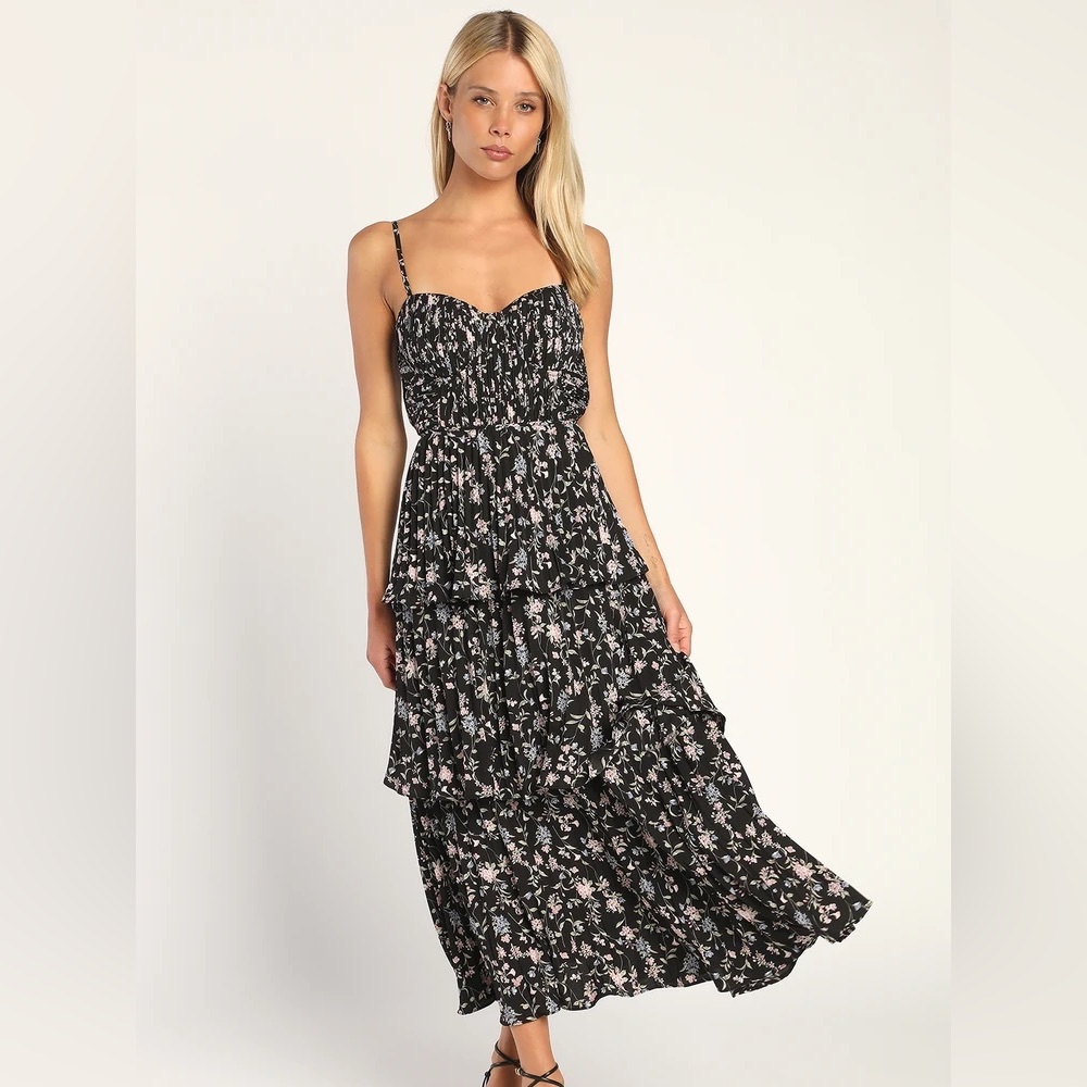 Cascading Crush Black Floral Print Tiered Bustier Midi Dress